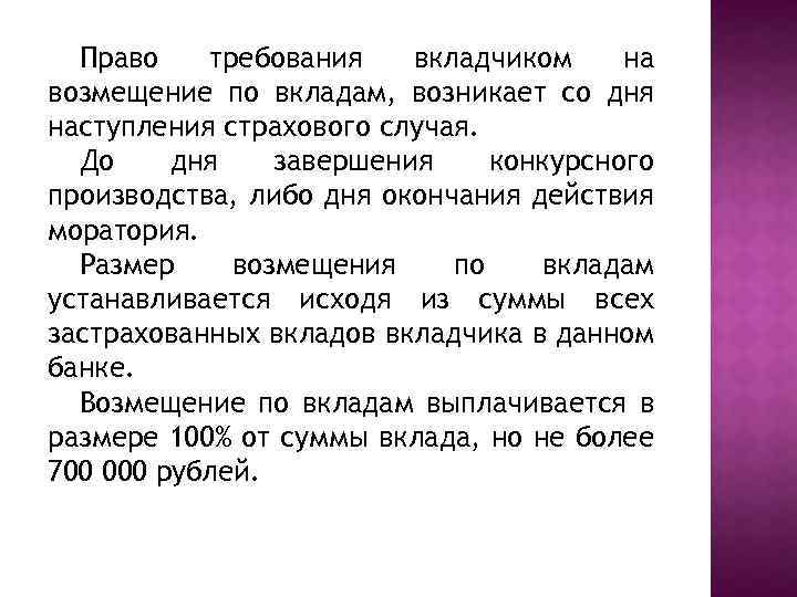 Инвестор вправе. Право требования вкладчика на возмещение по вкладу возникает. Права вкладчика по страховому возмещению по вкладам. Права вкладчика банковского вклада. Возникновение права вкладчика на возмещение по вкладам.