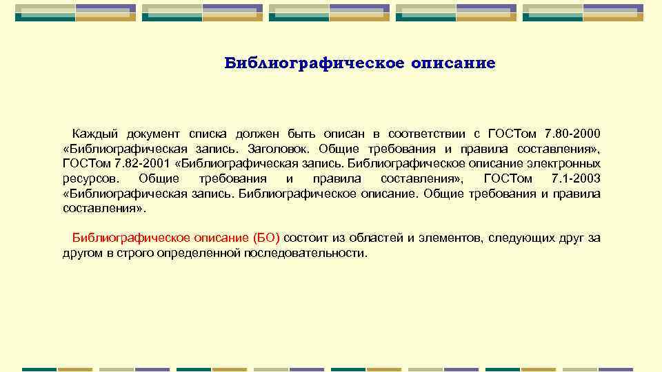 Библиографическое описание Каждый документ списка должен быть описан в соответствии с ГОСТом 7. 80