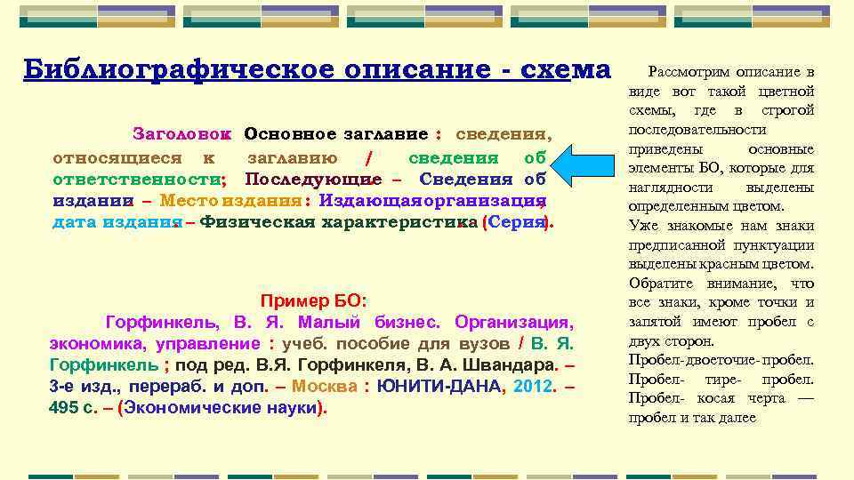 Библиографическое описание - схема Заголовок Основное заглавие : сведения, . относящиеся к заглавию /