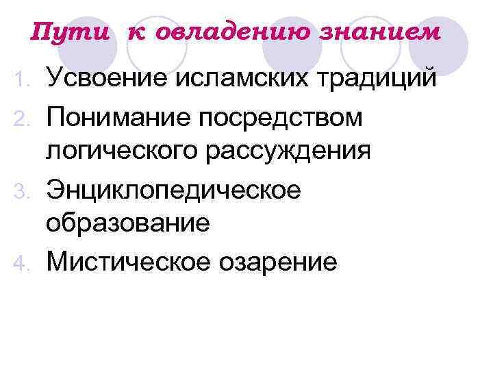 Пути к овладению знанием Усвоение исламских традиций 2. Понимание посредством логического рассуждения 3. Энциклопедическое