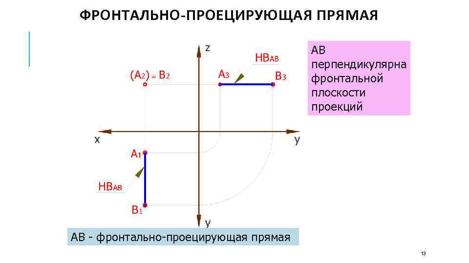 ФРОНТАЛЬНО-ПРОЕЦИРУЮЩАЯ ПРЯМАЯ АВ перпендикулярна фронтальной плоскости проекций АВ - фронтально-проецирующая прямая 13 