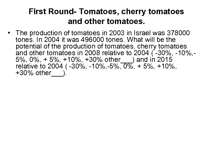 First Round- Tomatoes, cherry tomatoes and other tomatoes. • The production of tomatoes in