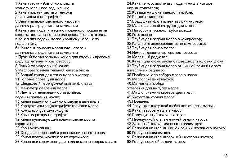 1. Канал стока избыточного масла заднего коренного подшипника; 2. Канал подачи масла от насоса