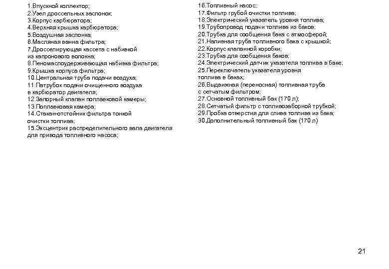 1. Впускной коллектор; 2. Узел дроссельных заслонок; 3. Корпус карбюратора; 4. Верхняя крышка карбюратора;