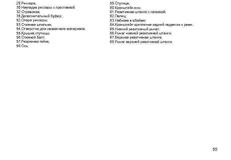 29. Рессора; 30. Накладка рессоры с проставкой; 32. Стремянка; 35. Дополнительный буфер; 52. Опора