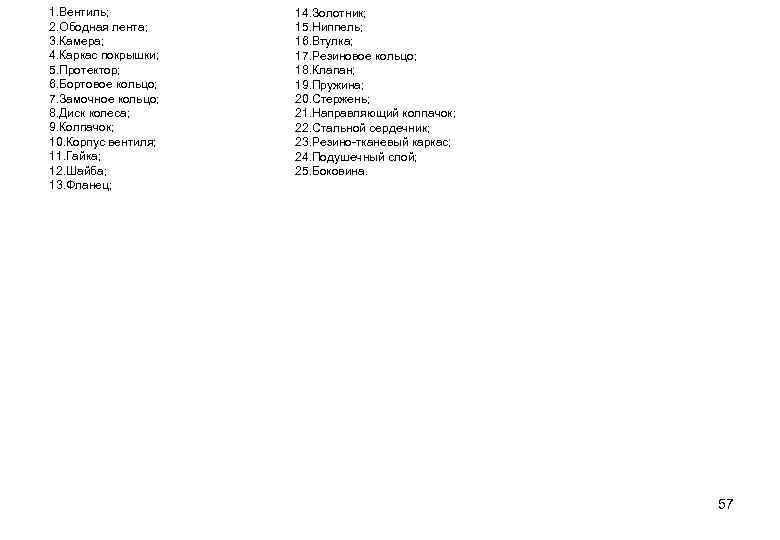 1. Вентиль; 2. Ободная лента; 3. Камера; 4. Каркас покрышки; 5. Протектор; 6. Бортовое
