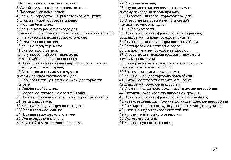 1. Корпус рычагов тормозного крана; 2. Малый рычаг включения тормозов колес; 3. Передаточная ось