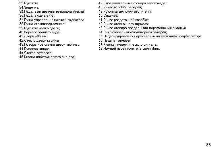 33. Рукоятка; 34. Защелка; 35. Педаль омывателя ветрового стекла; 36. Педаль сцепления; 37. Ручка