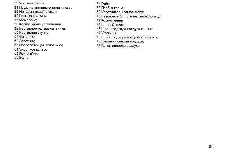 53. Упорная шайба; 54. Пружина клапана-ограничителя; 55. Направляющий стакан; 56. Крышка клапана; 57. Мембрана;