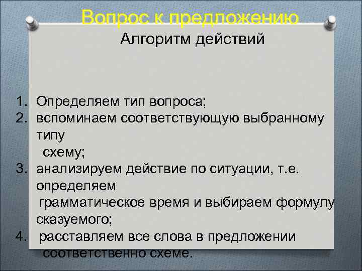 Вопрос к предложению Алгоритм действий 1. Определяем тип вопроса; 2. вспоминаем соответствующую выбранному типу
