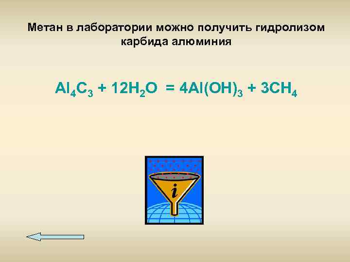 Метан в лаборатории можно получить гидролизом карбида алюминия Al 4 C 3 + 12