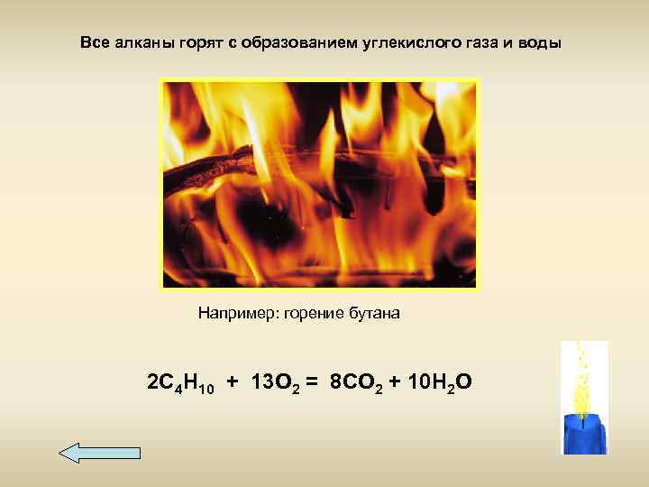 Все алканы горят с образованием углекислого газа и воды Например: горение бутана 2 С