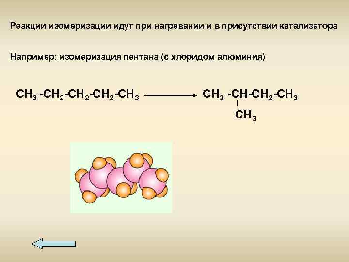 Реакции изомеризации идут при нагревании и в присутствии катализатора Например: изомеризация пентана (с хлоридом