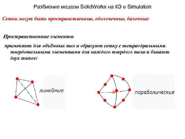 Разбиение модели Solid. Works на КЭ в Simulation Сетки могут быть пространственные, оболочечные, балочные