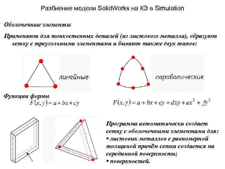 Разбиение модели Solid. Works на КЭ в Simulation Оболочечные элементы Применяют для тонкостенных деталей