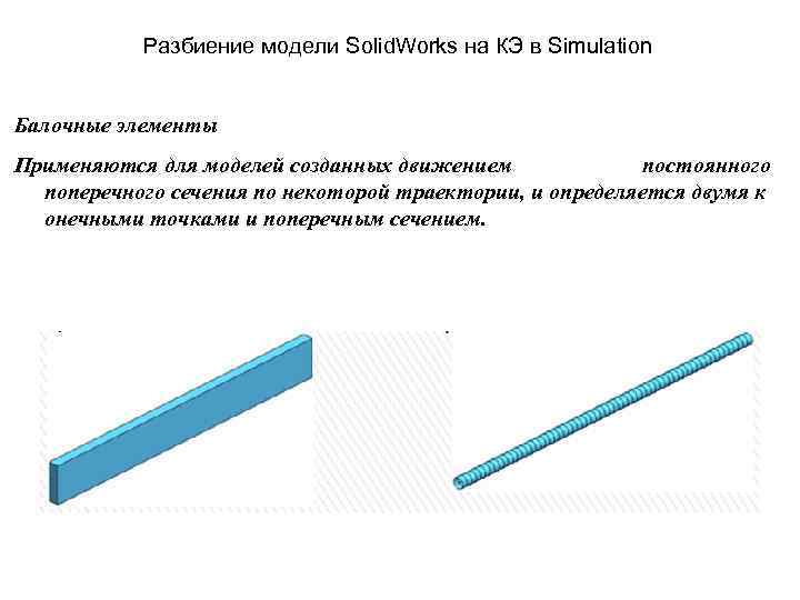 Разбиение модели Solid. Works на КЭ в Simulation Балочные элементы Применяются для моделей созданных