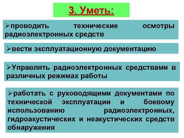 3. Уметь: Øпроводить технические радиоэлектронных средств осмотры Øвести эксплуатационную документацию ØУправлять радиоэлектронных средствами в