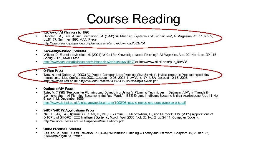 Course Reading • • • Review of AI Planners to 1990 Hendler, J. A.