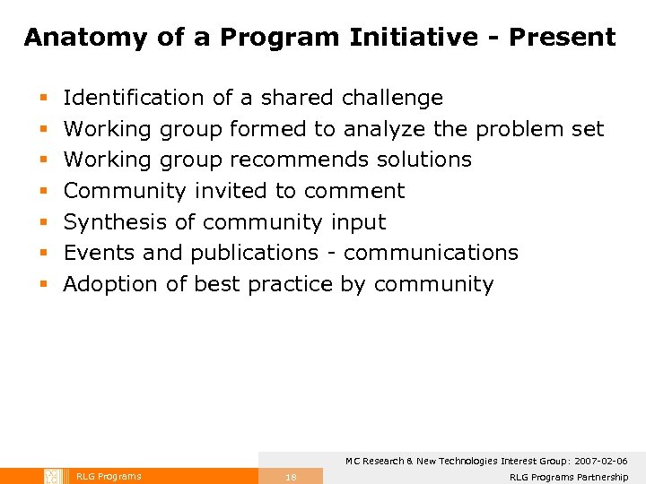 Anatomy of a Program Initiative - Present § § § § Identification of a