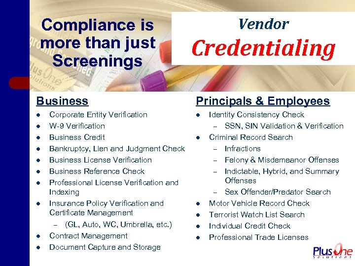 Compliance is more than just Screenings Business l l l l l Corporate Entity