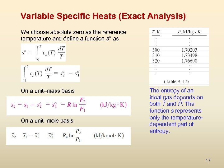 Variable Specific Heats (Exact Analysis) We choose absolute zero as the reference temperature and