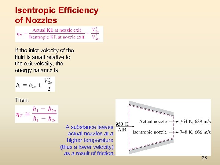 Isentropic Efficiency of Nozzles If the inlet velocity of the fluid is small relative