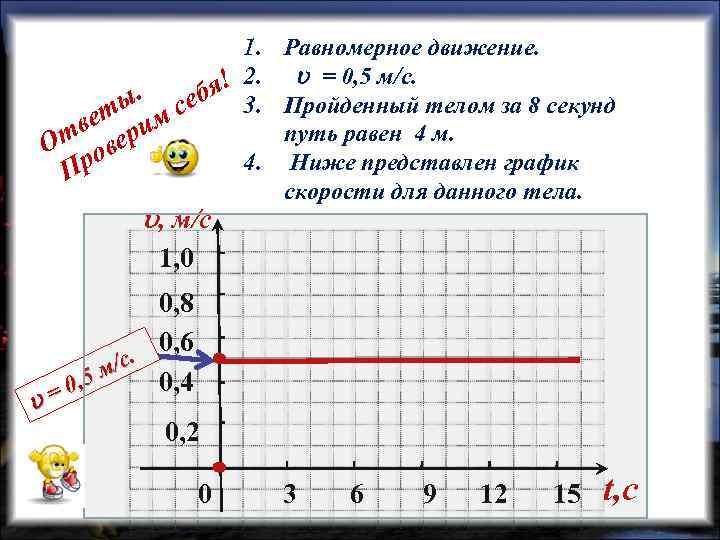 1. Равномерное движение. ! 2. = 0, 5 м/c. ы. себя 3. Пройденный телом