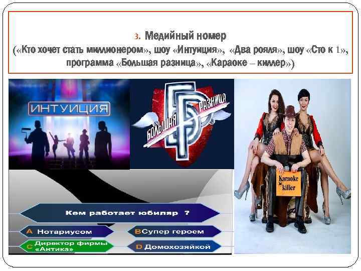 3. Медийный номер ( «Кто хочет стать миллионером» , шоу «Интуиция» , «Два рояля»