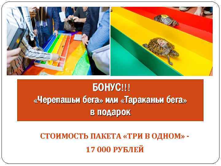 БОНУС!!! «Черепашьи бега» или «Тараканьи бега» в подарок СТОИМОСТЬ ПАКЕТА «ТРИ В ОДНОМ» 17