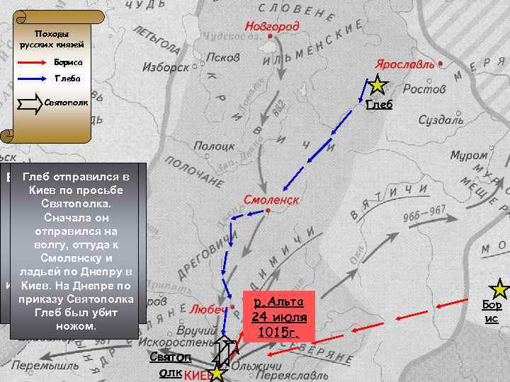 Походы русских князей Бориса Глеб Святополк Глеб отправился в Борис возвращался Киев по просьбе