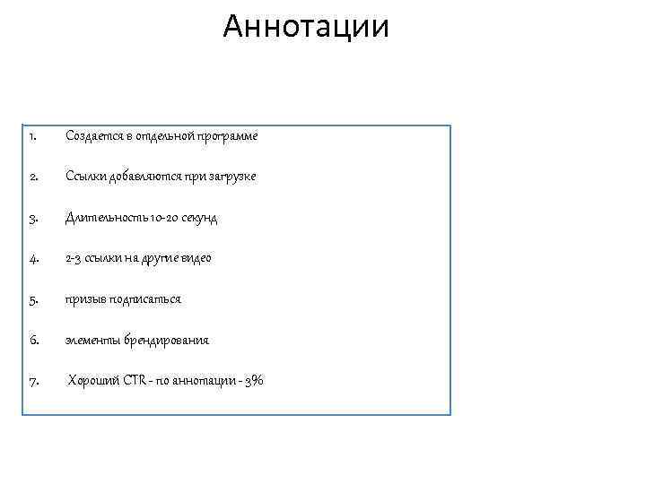 Аннотации 1. Создается в отдельной программе 2. Ссылки добавляются при загрузке 3. Длительность 10