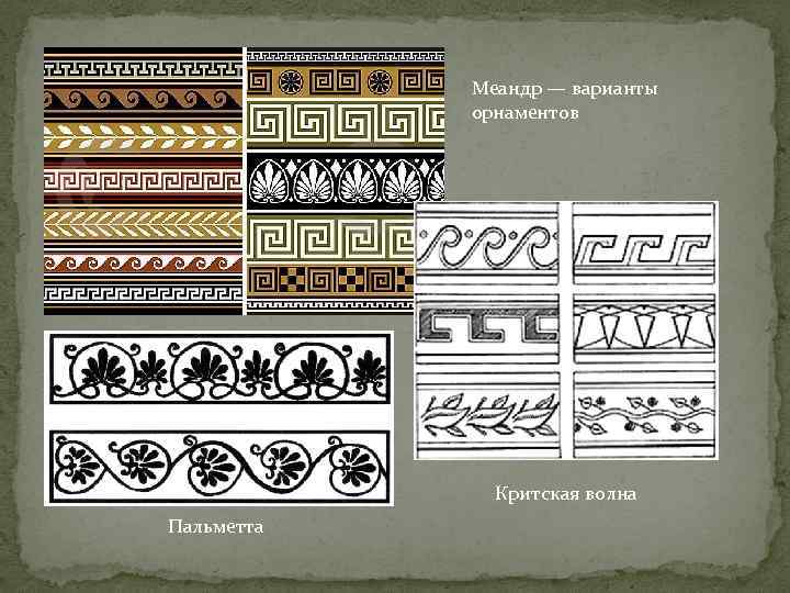 Меандр — варианты орнаментов Критская волна Пальметта 