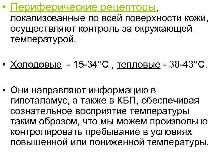  • Периферические рецепторы, локализованные по всей поверхности кожи, осуществляют контроль за окружающей температурой.