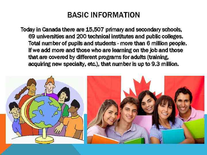 BASIC INFORMATION Today in Canada there are 15, 507 primary and secondary schools, 69