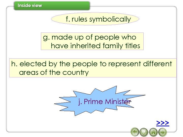 f. rules symbolically g. made up of people who have inherited family titles h.