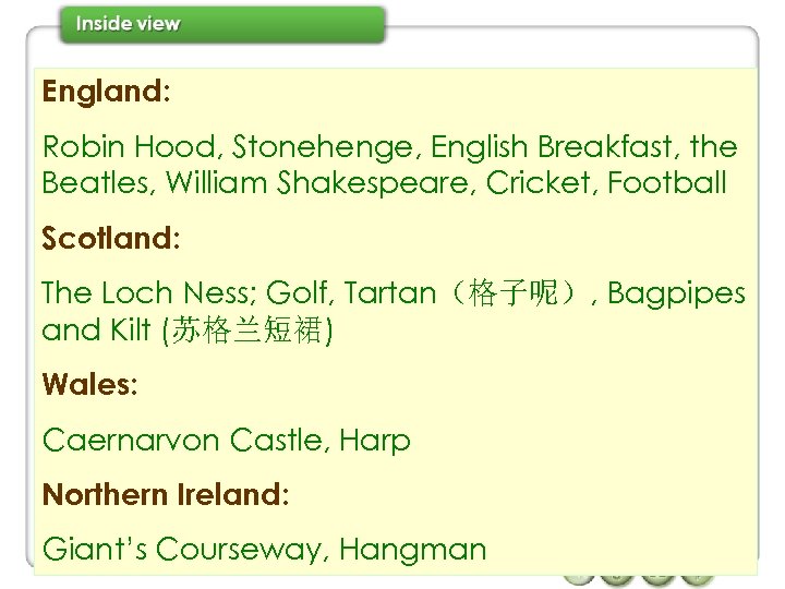 England: Robin Hood, Stonehenge, English Breakfast, the Beatles, William Shakespeare, Cricket, Football Scotland: The