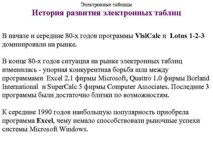 Электронные таблицы История развития электронных таблиц В начале и середине 80 -х годов программы