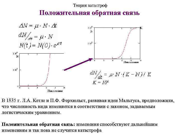 Теория катастроф Положительная обратная связь K = 106 В 1835 г. Л. А. Кетле