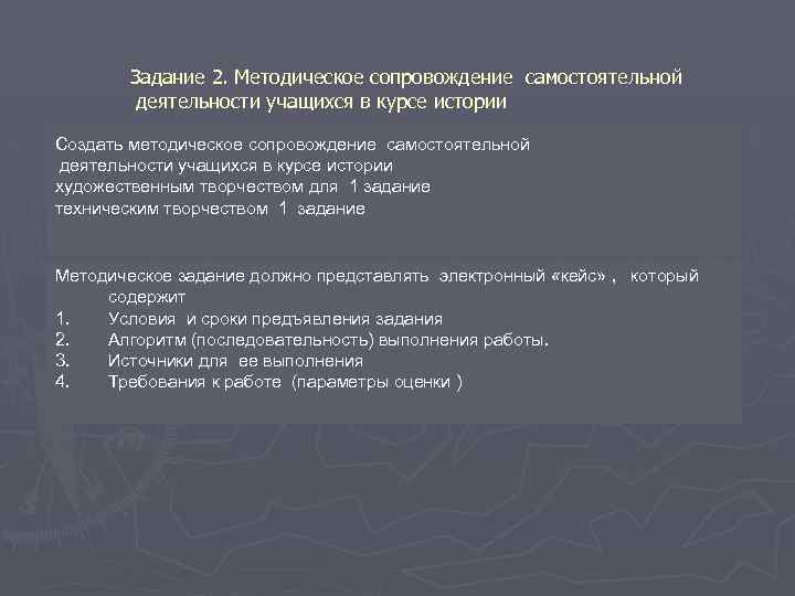 Задание 2. Методическое сопровождение самостоятельной деятельности учащихся в курсе истории Создать методическое сопровождение самостоятельной