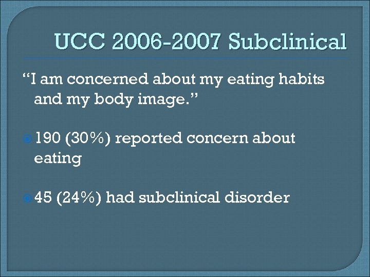 UCC 2006 -2007 Subclinical “I am concerned about my eating habits and my body