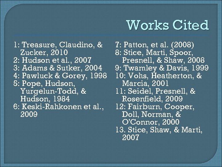 Works Cited 1: Treasure, Claudino, & Zucker, 2010 2: Hudson et al. , 2007