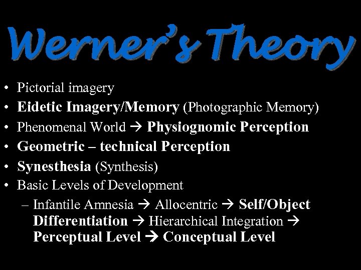 Werner’s Theory • Pictorial imagery • Eidetic Imagery/Memory (Photographic Memory) • Phenomenal World Physiognomic