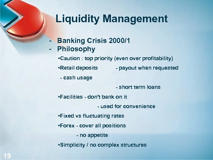 Liquidity Management - Banking Crisis 2000/1 - Philosophy • Caution : top priority (even