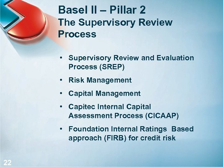 Basel II – Pillar 2 The Supervisory Review Process • Supervisory Review and Evaluation