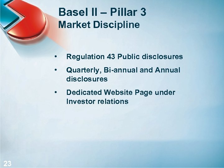 Basel II – Pillar 3 Market Discipline • • Quarterly, Bi-annual and Annual disclosures