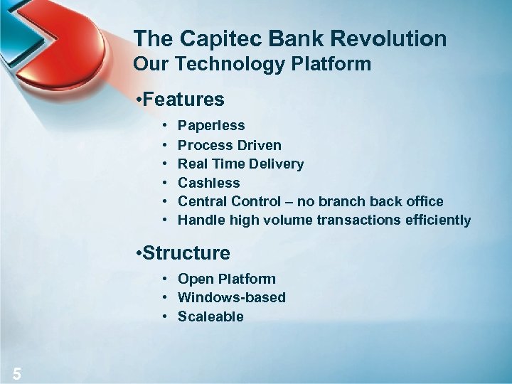 The Capitec Bank Revolution Our Technology Platform • Features • • • Paperless Process