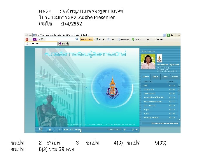 ผผลต : ผศ. พญ. กนกพร จรฐตกาลวงศ โปรแกรมการผลต : Adobe Presenter เรมใช : 1/4/2552 ชนปท