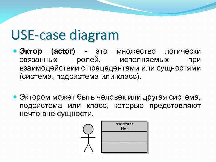 USE-case diagram Эктор (actor) - это множество логически связанных ролей, исполняемых при взаимодействии с