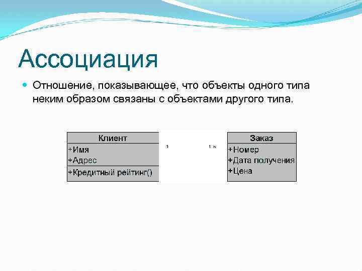 Ассоциация Отношение, показывающее, что объекты одного типа неким образом связаны с объектами другого типа.