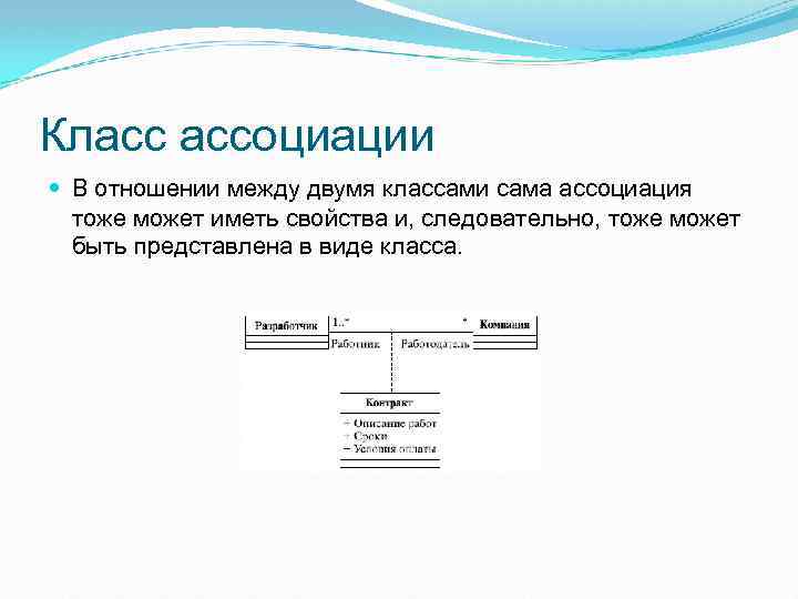 Класс ассоциации В отношении между двумя классами сама ассоциация тоже может иметь свойства и,